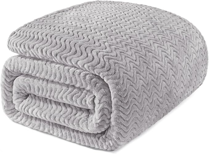 Exclusivo Mezcla Soft Fleece Blanket Queen Size for Bed, Sofa, Light Grey | 90"x90" Breathable Lightweight Flannel Blanket for Summer, Plush Cozy Jacquard Wave for Home Decor