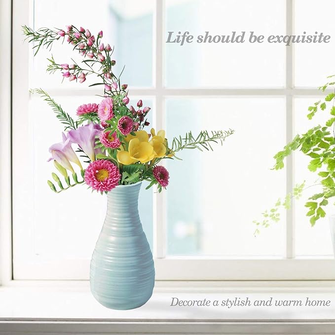 Unbreakable Vase for Flowers, Ceramic Look Plastic Vase for Home Decor, Living Room, Table (Seashell Blue)