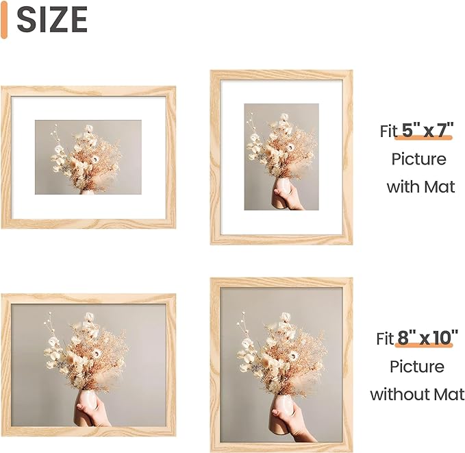 upsimples 8x10 Picture Frame Set of 10, Display Pictures 5x7 with Mat or 8x10 Without, Multi Photo Frames Collage for Wall or Tabletop Display, Natural | Fit 5x7 and 8 x 10 Photos, Wall or Tabletop Display, For Gallery Hallway Living Room, For Christmas