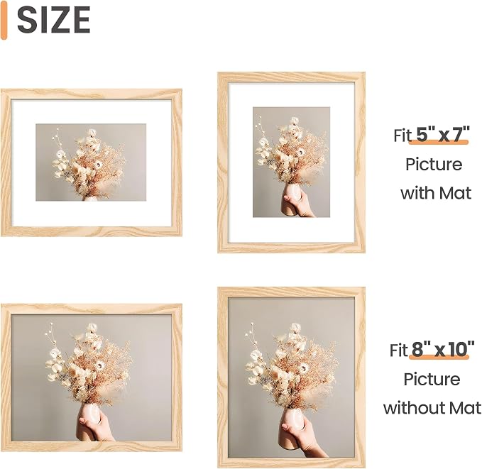 upsimples 8x10 Picture Frame, Display Pictures 5x7 with Mat or 8x10 Without Mat, Wall Hanging Photo Frame, Natural Style, 1 Pack