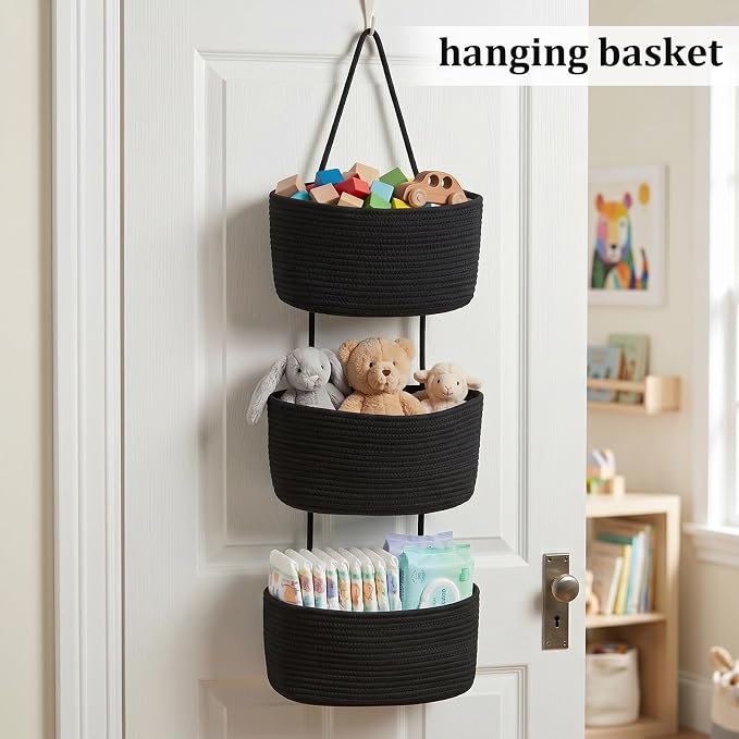 TeoKJ Over the Door Hanging Basket, 3-Tier Woven Cotton Wall-Mounted Storage Organizer Bag Decorative Hanging Nursery Baskets, Black