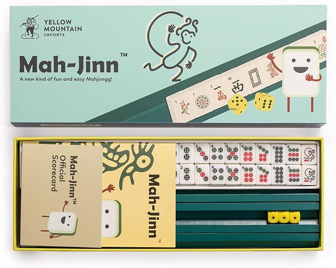 Yellow Mountain Imports "Mah-Jinn, a New Kind of Mahjong for Young Players - Complete Game Set with Tiles, Wooden Racks, Dice, and Illustrated Guide Book