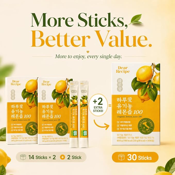 [30 Sticks] Organic 100% Pure NFC Whole Lemon Juice Sticks – 20g Each – Italian Lemon, Cold Pressed, Product of Korea, Non-GMO, No Sugar Added