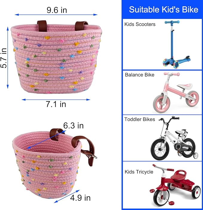 Kids Bike Basket for Boys and Girls, Children's Bicycle Basket Woven With Sisal Rope, Cute Decorative Accessories for Balance Bikes and Scooters