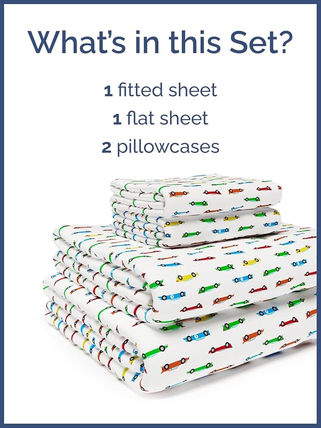 Kids Full Size Bed Sheet Set - 4 Piece Kids Loft Bed Sheets - Cars Cartoon Truck Themed Bedding - Soft, Cute - Breathable & Machine Washable - Cute Transport Bed Set for Boys, Girls, Teens & Toddlers