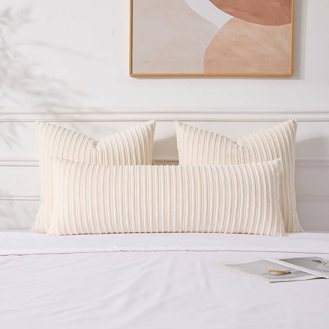 UGASA 14x36 Inch Pillow Cover Pack of 1 Soft Boho Stripe Corduroy Large Long Rectangular Lumbar Cushion Cover Farmhouse Decorative Throw Pillowcase for Bed, Couch, Sofa, Bedroom, Living Room, Cream