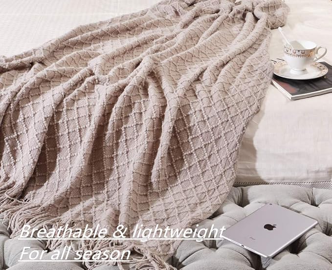 CREVENT Farmhouse Knit Throw Blanket for Couch Sofa Chair Bed Home Decoration, Soft Warm Cozy Light Weight for Spring Summer (50''X60'' Beige/Khaki)