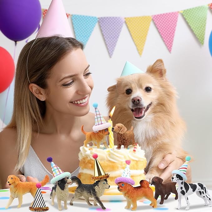 18 Pcs Dog Birthday Party Decorations Mini Birthday Hat Animal Figure Model Cake Toppers with Mini Hat for Birthday Party, Animals Themed Party