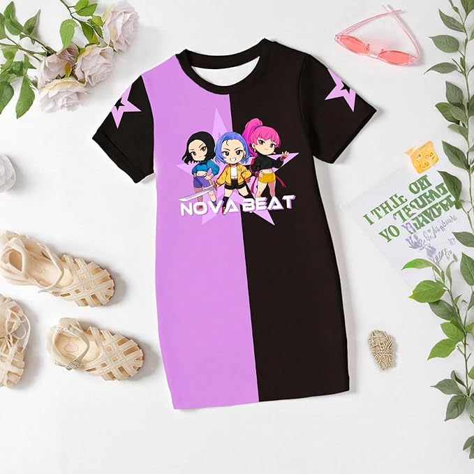 Girl's Anime K-POP Graphic Long Dress T-Shirt - Casual Loose Fit Short Sleeve Top