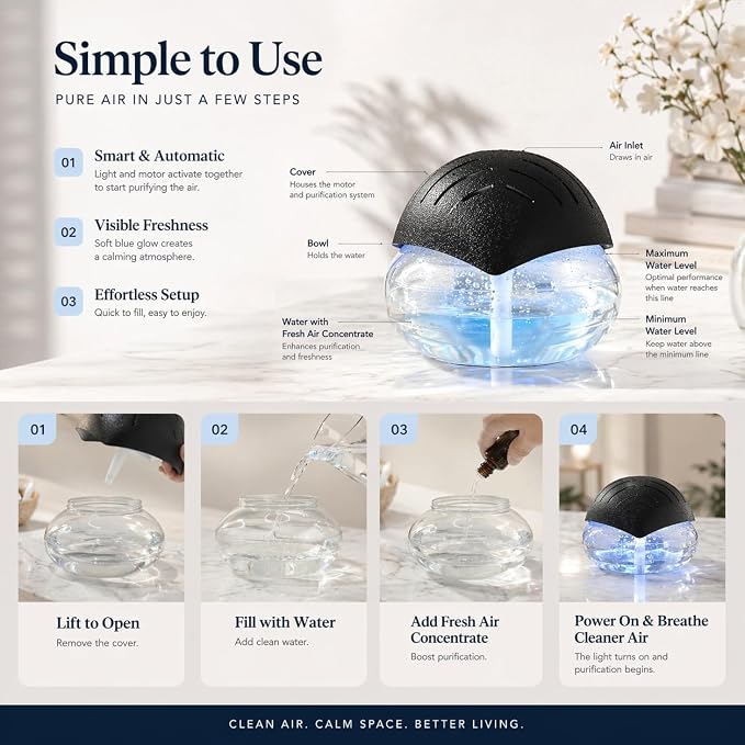 Air Freshener（Black） - for Home, Bedroom, Office and Warehouse - Essential Oil Aroma Diffuser with LED Color Night Light and Soothing Water Flow Sound - for Pets and Smokers.