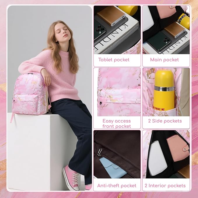 Bluboon Teen Girls School Backpack Kids Bookbag Set with Lunch Box Pencil Case Travel Laptop Backpack Casual Daypacks (Pink)