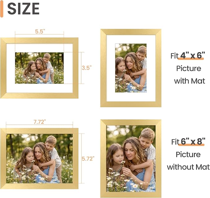 upsimples 6x8 Picture Frame, Display Pictures 3.5x5.5 with Mat or 6x8 Without Mat, Wall Hanging Photo Frame, Gold, 1 Pack