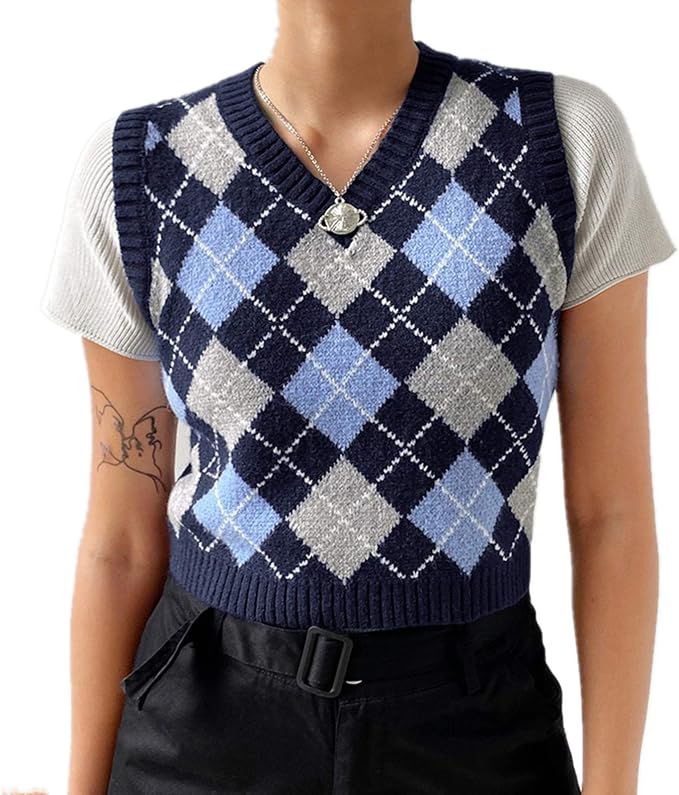 Women's Sweater Vest,Y2K Sleeveless Pattern Preppy Style Knitted Crop Tank Top for Girl