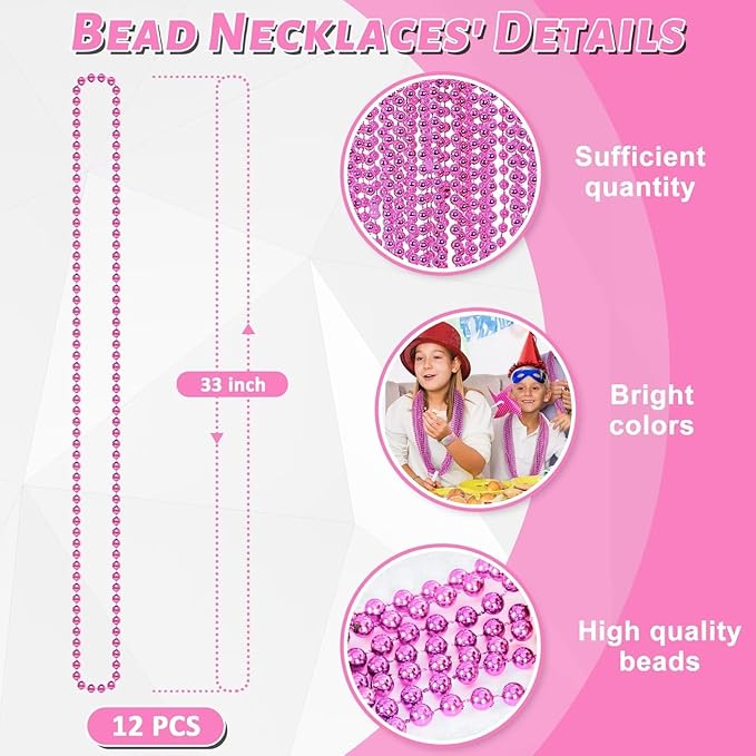 12PCS Bead Necklace, 33" Breast Cancer Awareness Accessories Bead Necklaces Bulk, Mardi Gras Beads Costumes Necklace, Festival Parade Throw Accessory Sets for Gender Reveal Party Events Supplies
