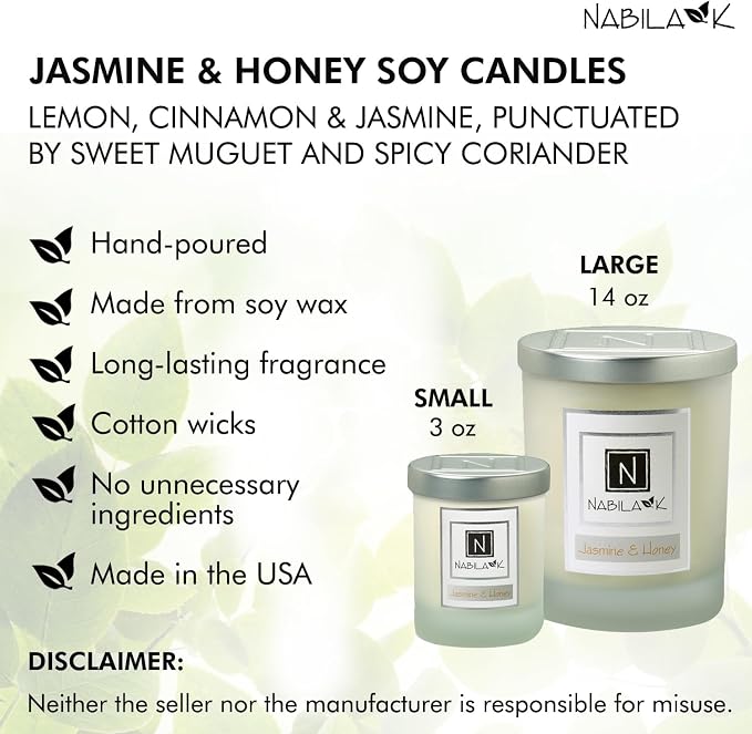 Nabila K – Jasmine & Honey - Soy-Based Candle - Jasmine, Ylang-ylang, Gardenia, Tuberose, and Honeysuckle, Honey - Hand-Poured - Cotton Wick - Aromatherapy - Essential Oils - Made in USA - 14 oz