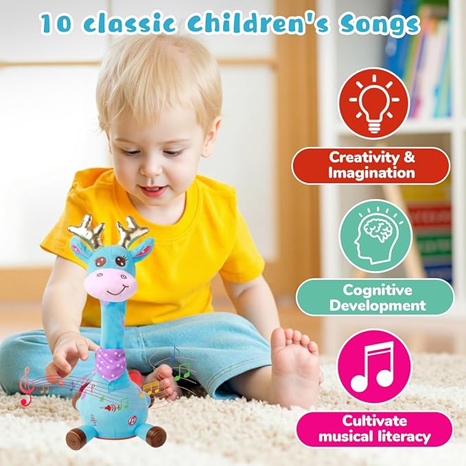 MIAODAM Dancing Talking Giraffe Stuffed Animal, Singing 10 Children's Song, Baby Toy Repeats What You Say, Christmas Colorful Glowing Giraffe Plush Interactive Toys for Toddlers 1-3 Year(Blue