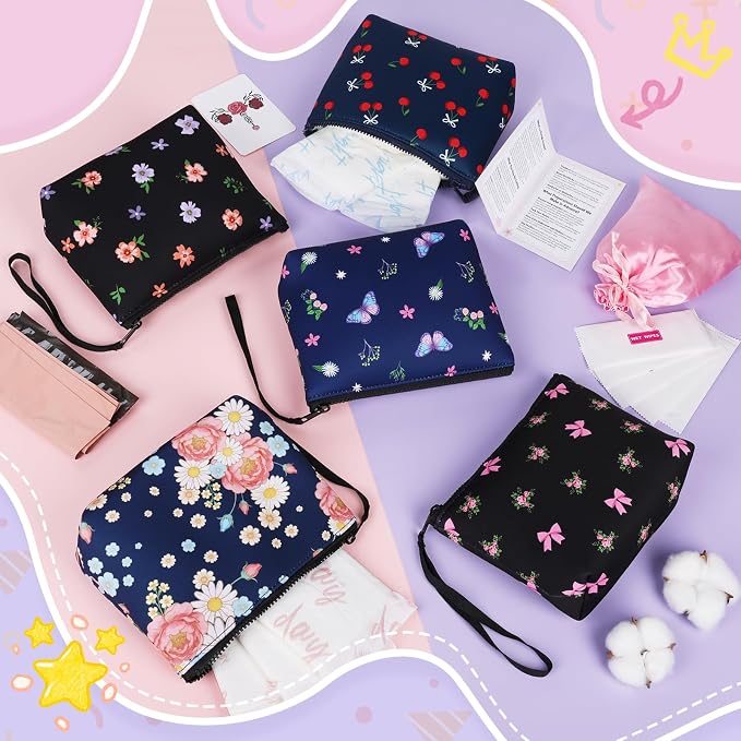 First Period Kit for Girls, Neoprene Sanitary Napkin Storage Bag, Menstrual Pad Bag Tampon Holder for Purse, First Period Gifts for 9-12 (Butterfly)