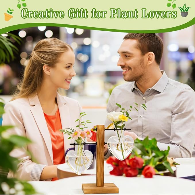 XXXFLOWER Plant Propagation Station Terrarium Wooden Stand 2 Love Bulb Vase | Flower Glass Vase Plant Desktop Holder, Home Garden Office Decor for Birthday Gift for Women Plant Lover