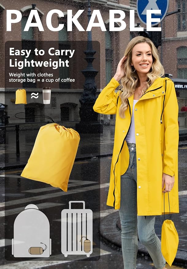 Zando Long Packable Rain Jacket Women Waterproof Raincoat with Hood | Relaxed-Fit Lightweight Windbreaker for Women; Travel Rain Coats for Commute, Hiking, Cruise, and Daily wear