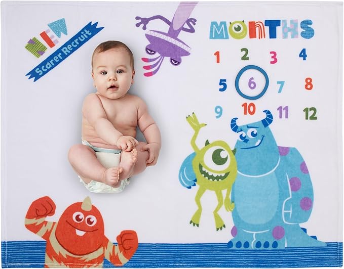 Disney Monsters, Inc. White, Blue, and Green, New Scarer Recruit Super Soft Photo Op Milestone Baby Blanket