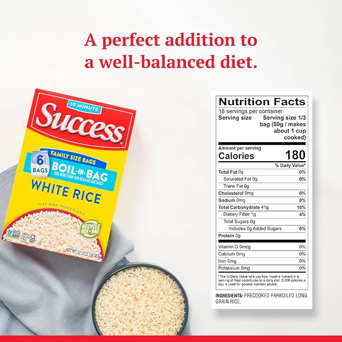 Success Boil-in-Bag Rice, White Rice, 32-Ounce Box, Pack of 6 | Precooked rice bag for quick and easy meals, stovetop or microwave, ready in 10 minutes, gluten-free, kosher, non-GMO