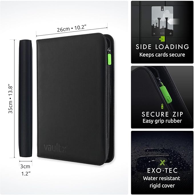 Vault X 9 Pocket Zip Binder, 360 Cards, Exo-Tec Material, 20 Side-Loading Pages (Black)