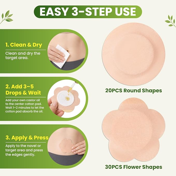 Castor Oil Patches for Belly Button, 50 Pack Disposable Self-Adhesive Patches with Cotton Pads, Leak-Resistant & Breathable Design, Portable, No Washing Needed (Beige)