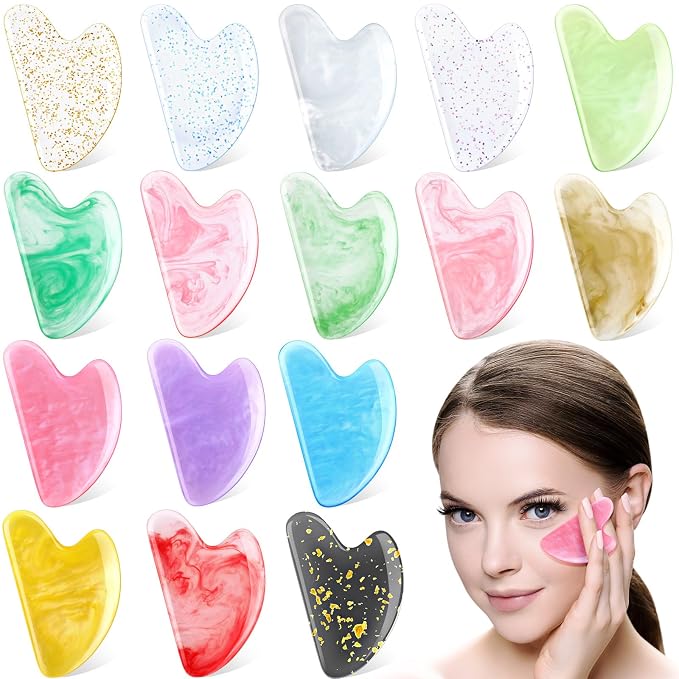Sherr 16 Pcs Gua Sha Facial Tools Gua Sha Stone Facial Massage Tools Face Massager for Body Spa Acupuncture Relieve Muscle Tensions Puffiness (Fresh Style)
