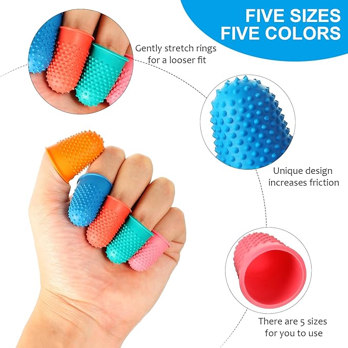 SATINIOR 20 Pcs Rubber Fingers Tip Finger Protectors Covers for Hand Sewing Reusable Grips Rubber Thimbles for Money Counting Collating Knitting Paperwork Hot Glue Sorting(Xs S M L XL,5 Colors)