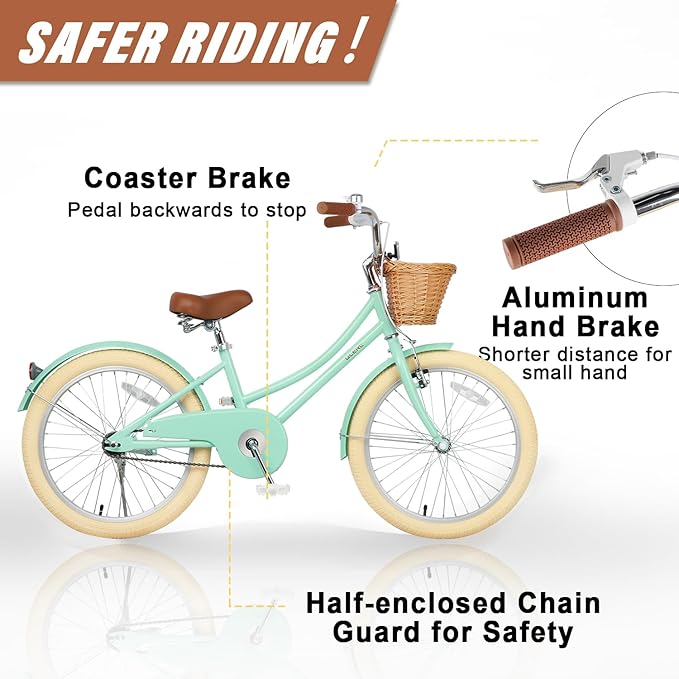 Glerc Little Molly 12-20 Inch Kids Retro Cruiser Bike for 2-13 Year Old with Wicker Basket & Training Wheels/Kickstand, Multiple Colors
