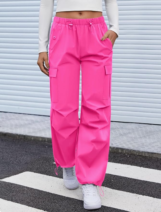 COPYLEAF Cargo Pants Women Elastic Waisted Parachute Hiking Pants with Pockets Water-Resistant Lightweight Baggy Pants