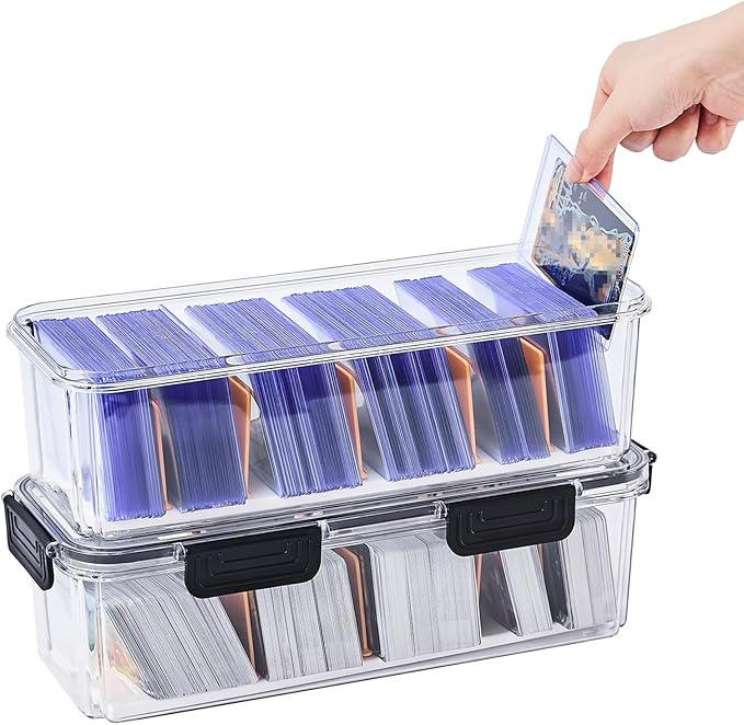 DEEIF Toploader Storage Box, Trading Card Storage Box with 5 Dividers, Hard Plastic TCG Card Storage Box for Top Loaders, Large for 165 Toploaders 650 Cards (2 Pack)