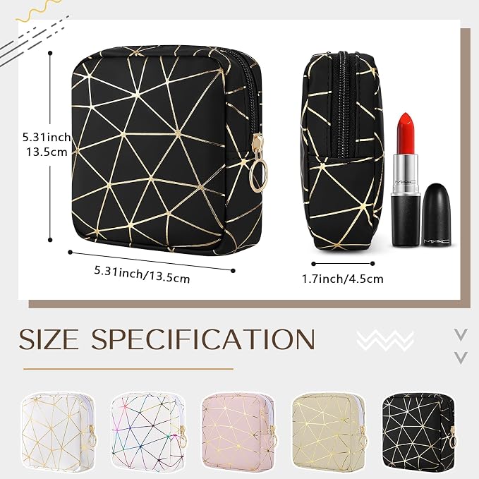 Likesing Sanitary Napkin Storage Bag, Leather Portable Period Bag for Girls Women, Sanitary Napkin Period Pad Pouch Tampon Holder for Purse (Black Gold, Small-5.1")