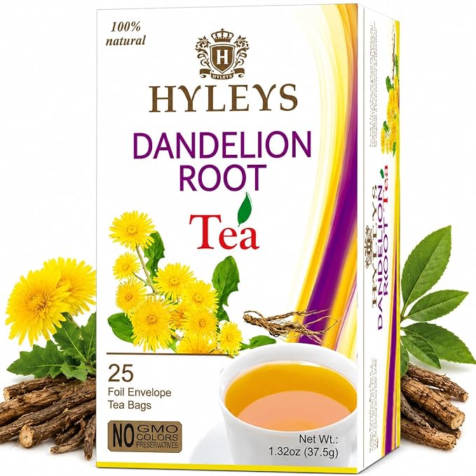 Hyleys Dandelion Root & Green Tea with Milk Thistle and Licorice Root - Herbal Detox Blend - 25 Tea Bags