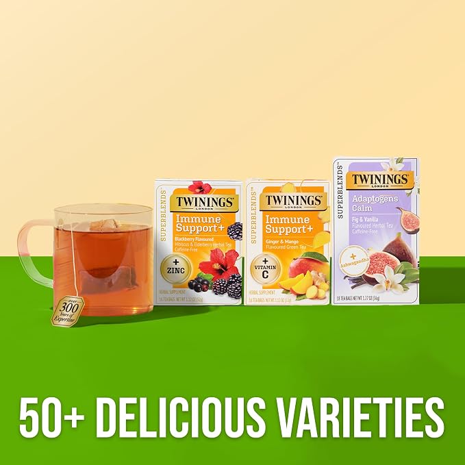 Twinings Superblends Immune Support+ Herbal Tea with Vitamin C, Ginger & Mango Flavoured Green Tea, 16 Tea Bags (Pack of 2), Enjoy Hot or Iced