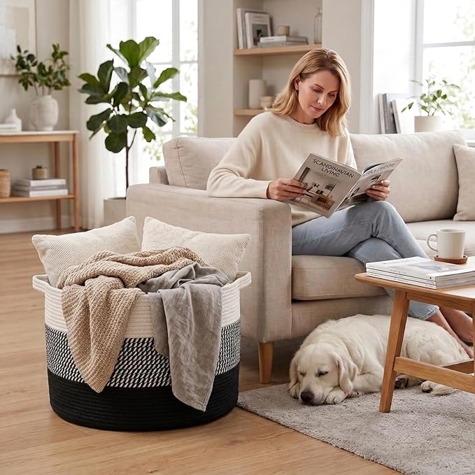 65L Large Blanket Basket,Woven Rope Laundry Basket-Mixed Black | Collapsible Nursery Storage Bin with Sturdy Handles, Organizes Clothes, Toys and Pillows for Living Room, Bedroom, Bathroom