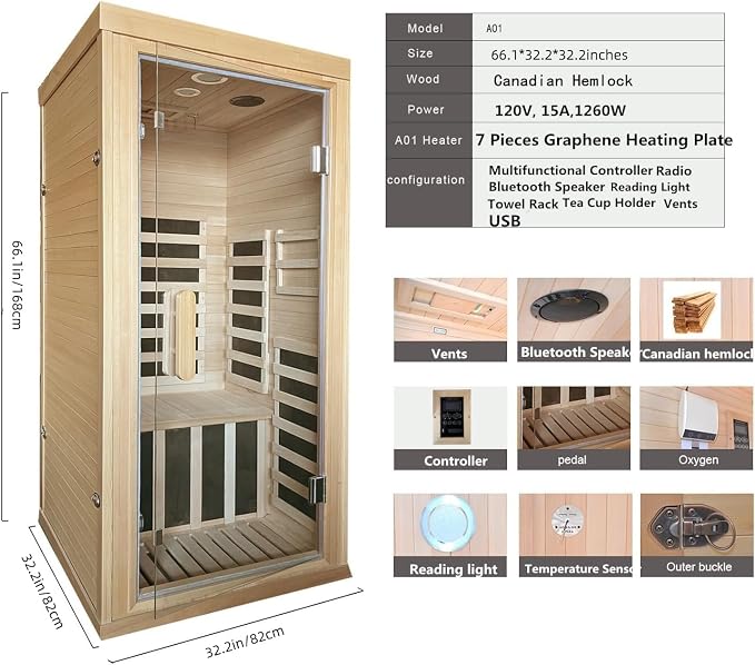 Dynamic Home Infrared Sauna Room 1 to 2 Person Wooden Canadian Hemlock 1260W Graphene Carbon Plate Heater Indoor Saunas