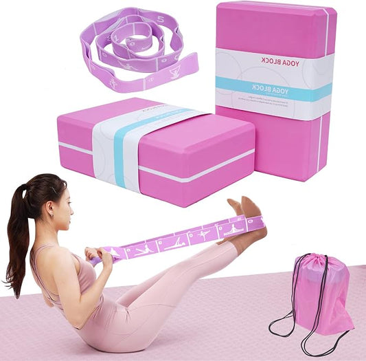 Yoga Blocks 2 Pack with Elastic Stretch Band & Bag – High Density Foam Yoga Blocks for Stability, Deep Stretching & Balance, 12-Loop Resistance Strap for Yoga, Pilates, Dance & Flexibility Training