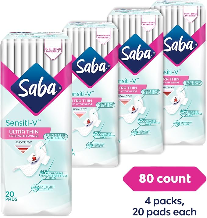 Saba Sensiti-V Ultra Thin Regular Sanitary Napkin Pads with Wings, 4-Pack of 20 Pads (80 Count)