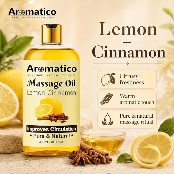Aromatico Lemon & Cinnamon Massage Oil for Men & Women – 10 fl oz | Lightweight Non-Greasy Body Oil for Massage & Daily Body Care, Fast-Absorbing Moisturizing Oil with Citrus Aroma.