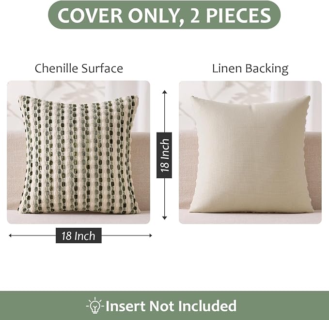 ANRODUO Boho Decorative Throw Pillow Covers Cream Olive 18x18 Inch Set of 2 | Chenille Tufted Pillow Covers, Woven Throw Pillow Covers with Raised Stripes, Neutral Pillowcase for Couch Sofa Living Room