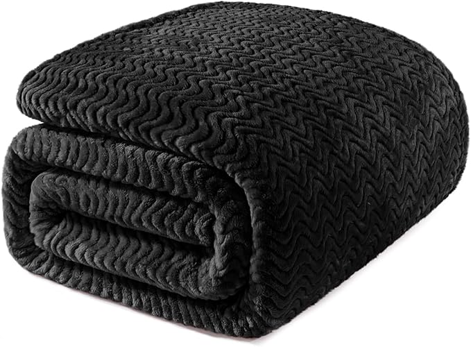 Exclusivo Mezcla Soft Fleece Blanket King Size for Bed, Sofa, Black | 90"x104" Breathable Lightweight Flannel Blanket for Summer, Plush Cozy Jacquard Wave for Home Decor