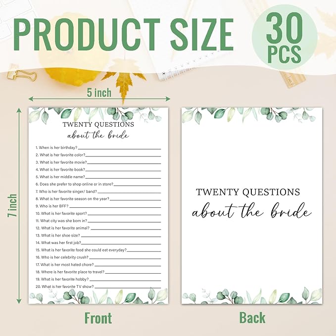 Twenty Questions About The Bride Game -Wedding Shower Games, Bridal Shower Games 30 Guests for Engagement Wedding Party(Eucalyptus Botanical Style) -0009