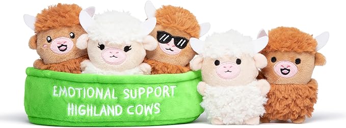 WHAT DO YOU MEME? Emotional Support Highland Cows by Relatable, Cuddly Stuffed Animals, Plushies, and Cute Stuff, Great Gift Ideas for Loved Ones of All Ages, Includes 5 Toys with Carrying Basket