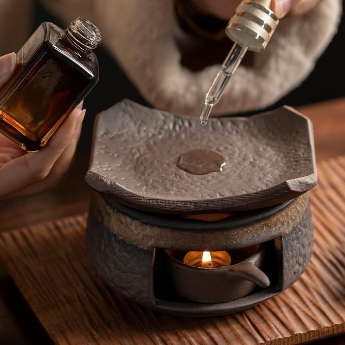 Cedar Aromatherapy Burner & Ceramic Oil Warmer for Home & Office (Heat-Resistant Tile Baking Tray + Stone-Patterned Oven + Old elm Wood mat + Accessories)