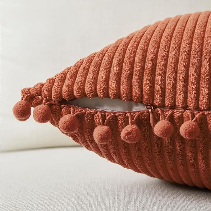 Fancy Homi 2 Pack Burnt Orange Small Decorative Throw Pillow Covers 12x12 Inch with Pom-poms for Couch Bedroom Living Room, Soft Corduroy Solid Rectangle Cushion Case 30x30 cm, Boho Fall Home Decor