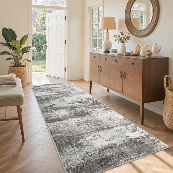 2x6 Ft Washable Runner Rug, Non-Slip Low Pile Hallway Kitchen Area Rug, Soft Abstract Long Entryway Floor Mat Print Pattern Carpet for Bedside & High-Traffic Areas (Grey)