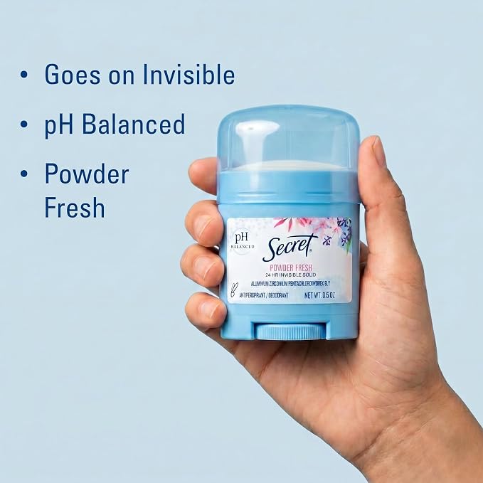 Secret Antiperspirant and Deodorant for Women, 24hr Sweat & Odor Protection, PH Balanced Protection, Gentle on Skin, Invisible Solid, Travel Size, Powder Fresh Scent, 0.5 oz (Pack of 24)