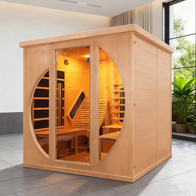 Infrared 2 Person Wooden Sauna Room, Luxurious Sauna with Recliner, 3400W Dry Heat Sauna for Home, 9 Heating Panels, Bluetooth Speaker, 7Color Lights, Oxygen Bar, 220V(Canadian Hemlock)