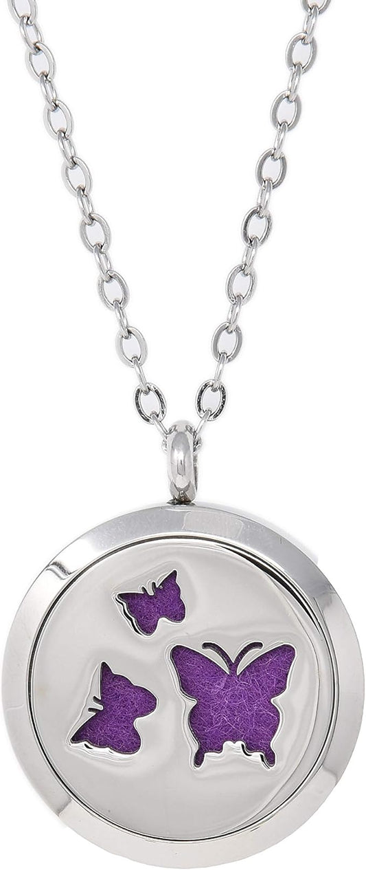 Aromatherapy Essential Oil Diffuser Stainless Steel 30MM Silver Magnetic Locket Pendant 2 Sizes Chain Necklace, Refill Pads & Diffuser Bracelet in a Velvet Bag (butterfly4)